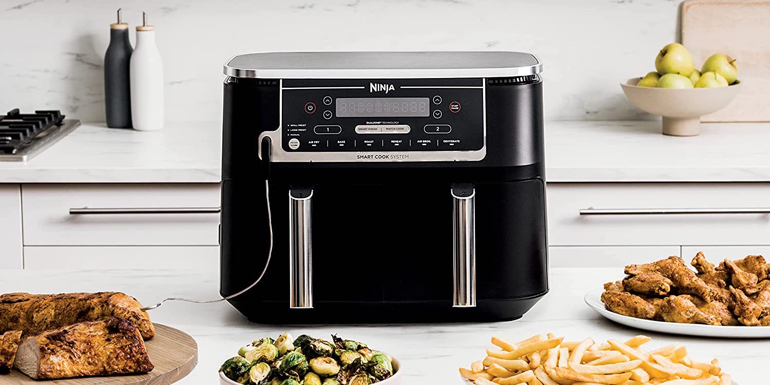  Ninja DZ550 Foodi 10 Quart 6-in-1 DualZone Smart XL Air Fryer  with 2 Independent Baskets, Thermometer for Perfect Doneness, Match Cook &  Smart Finish to Roast, Dehydrate & More, Grey 