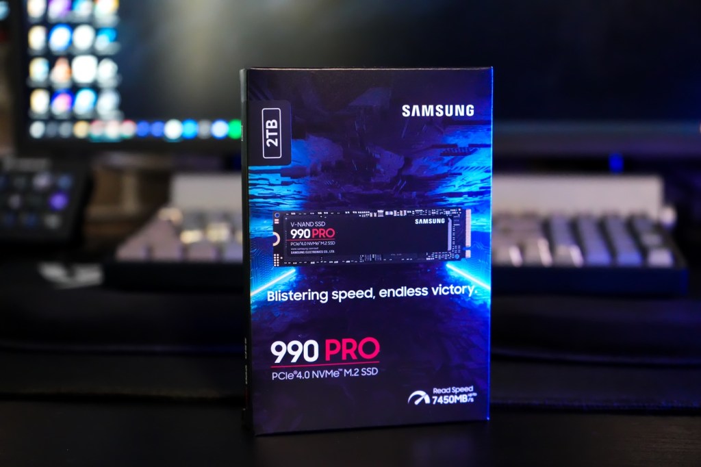 Samsung 990 Pro SSD in front of computer