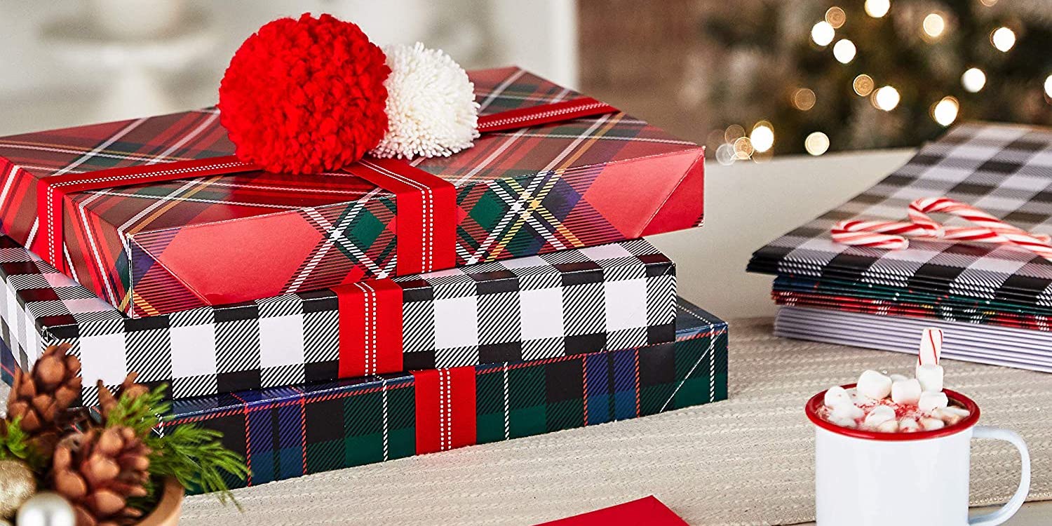 Getting organized: Paper wrap with Christmas theme, scotch tape