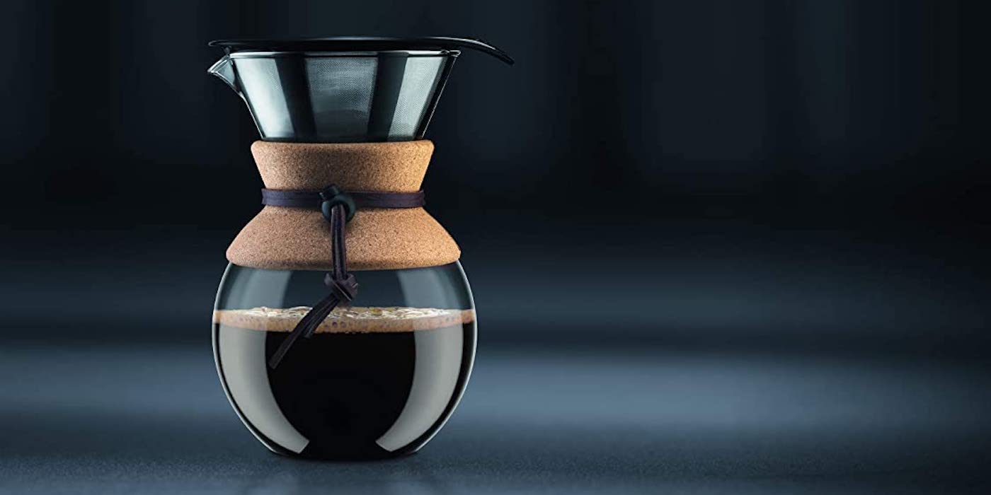 Bodum's glass, cork, and leather pourover coffee maker drops to 18.50