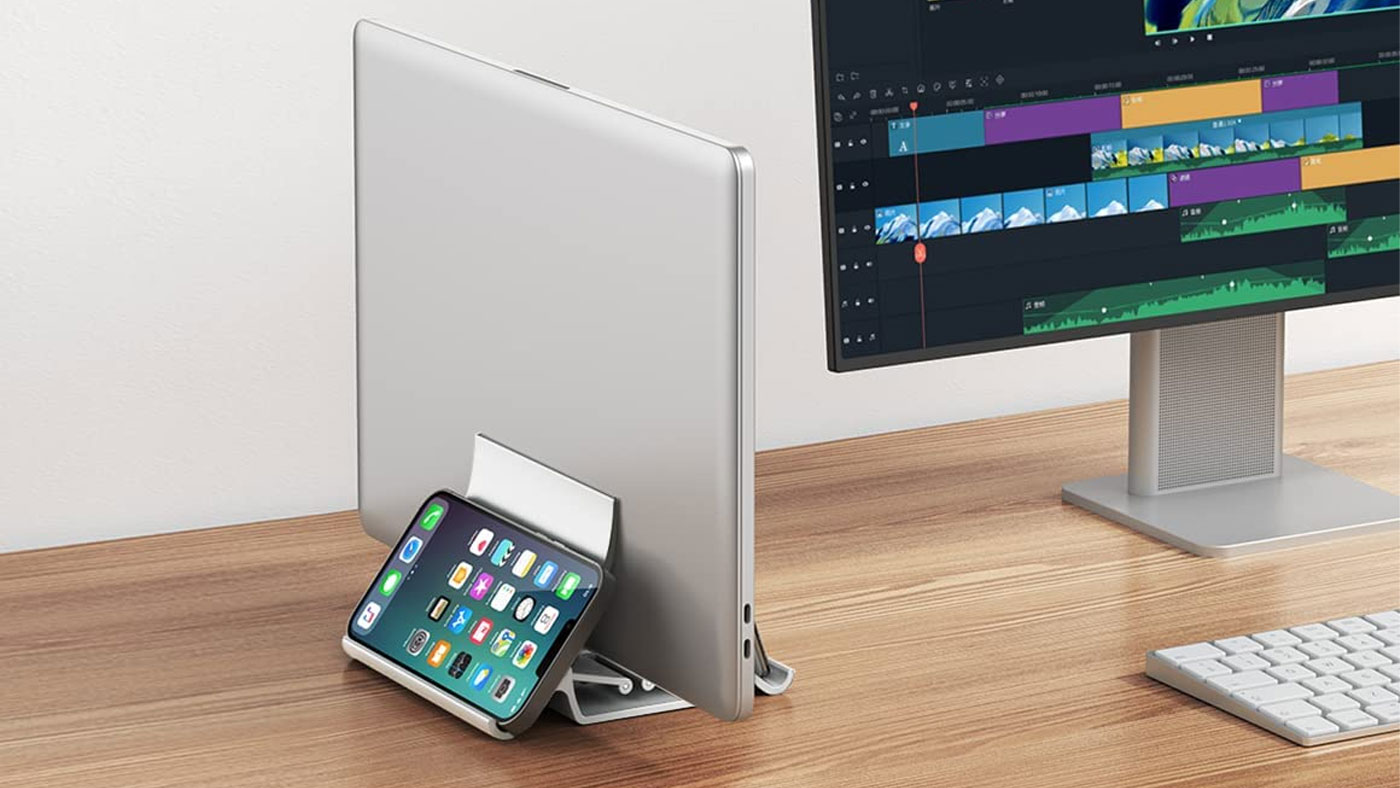 Set your MacBook Pro in MOMAX's vertical laptop stand while it's down
