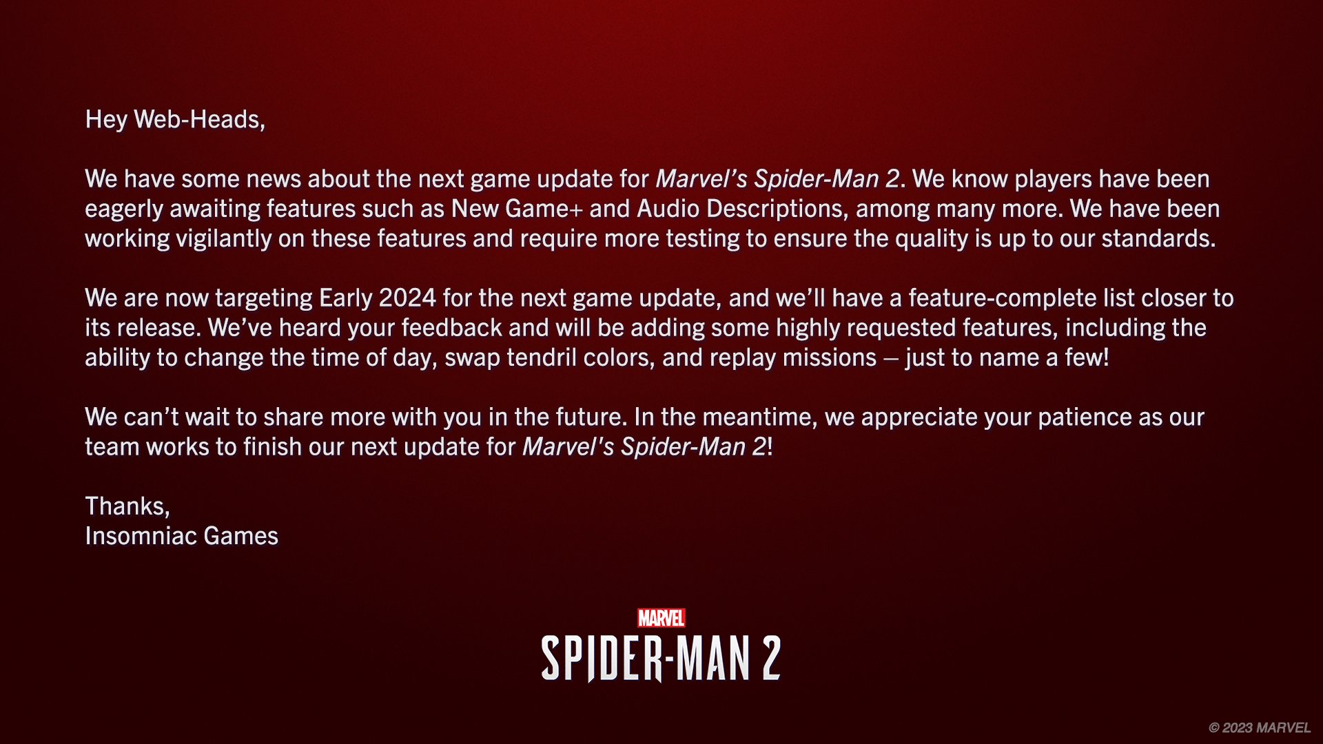 Major Spider-Man 2 update coming early 2024: New Game+, mission replay