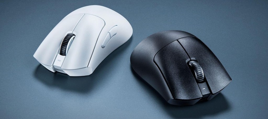 The front of two Razer DeathAdder V3 Pro gaming mice, one black and one white