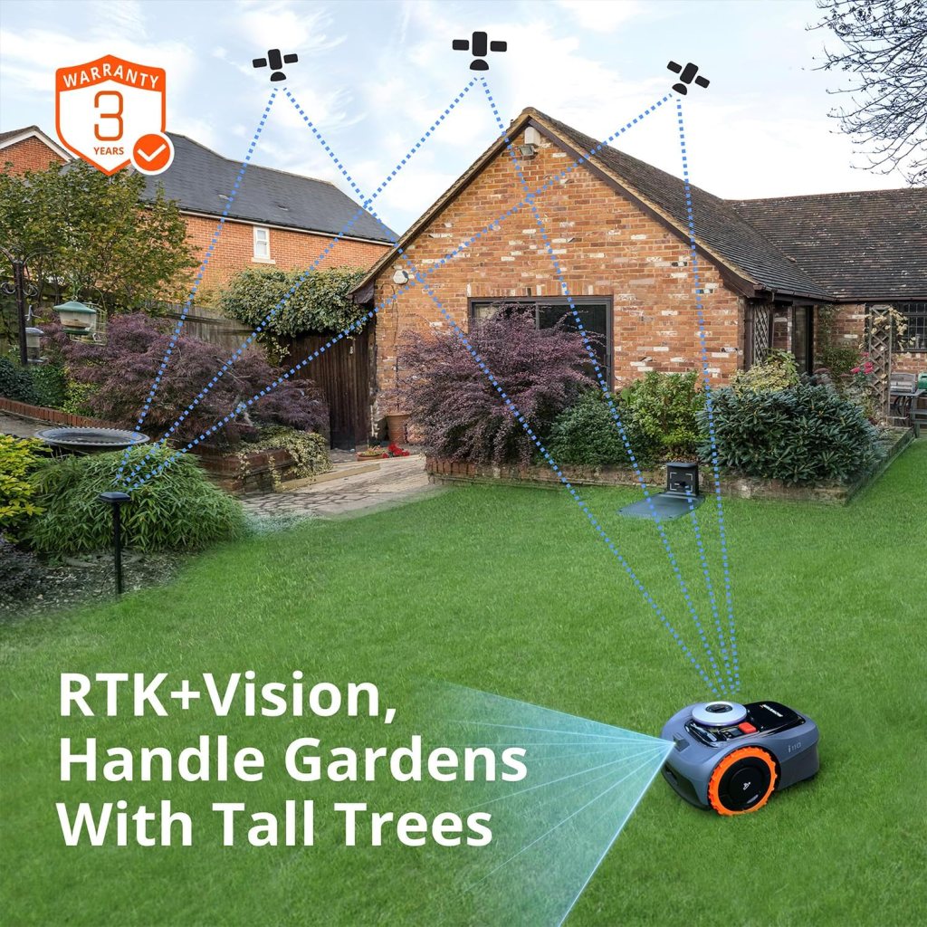 the Navimow i110N robot lawn mower and a representation of its satellite positioning system