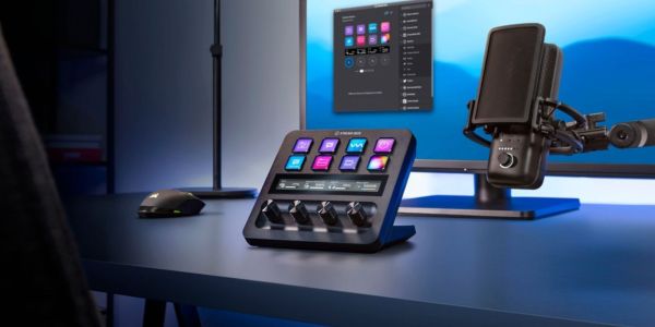 Elgato Stream Deck+ on a desk.