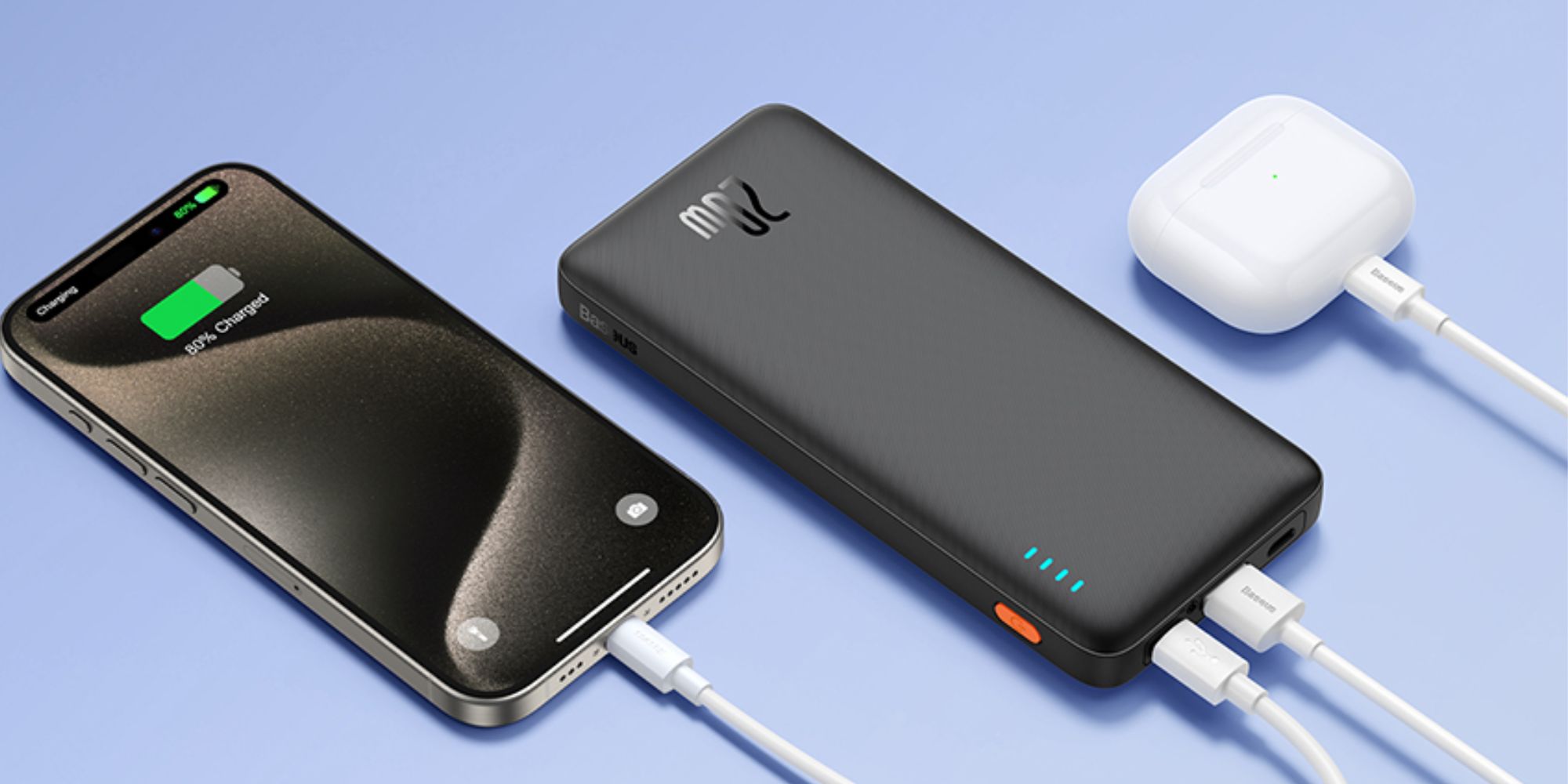 Render showing a Baseus power bank charging an iPhone and a pair of airpods.