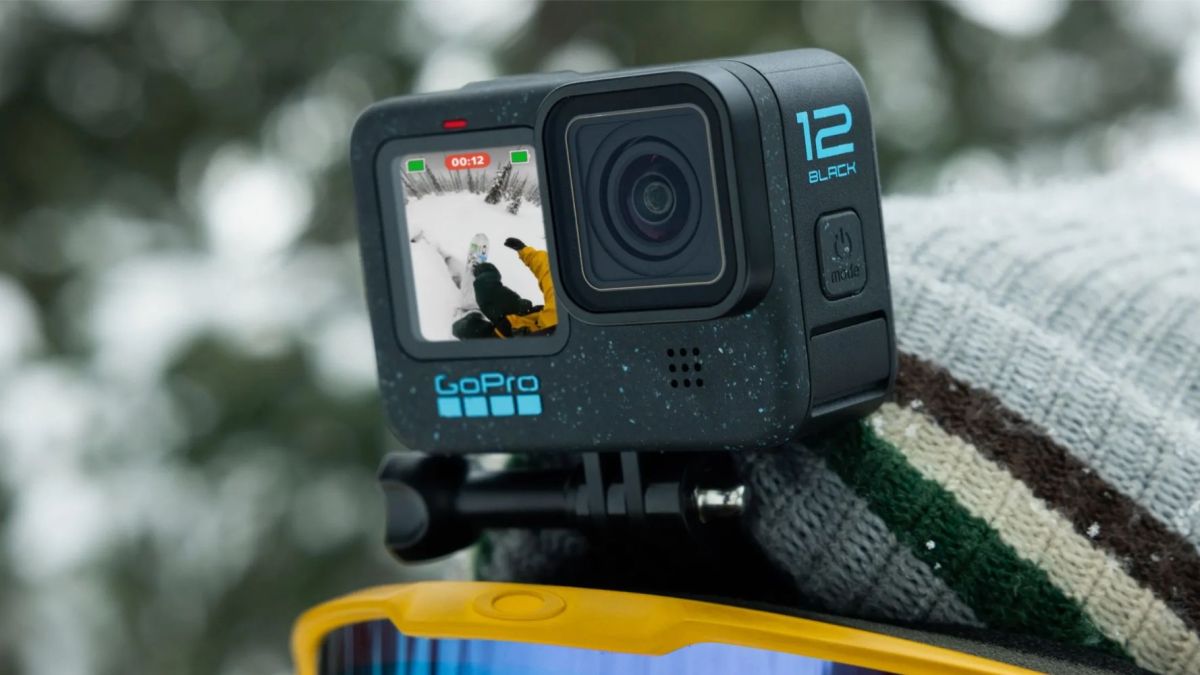 GoPro Hero 12 BLACK mounted on a person's helmet.