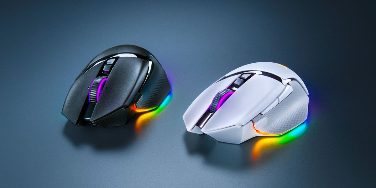 Render showing the black and white variant of the Razer Basilisk V3 Pro gaming mouse.