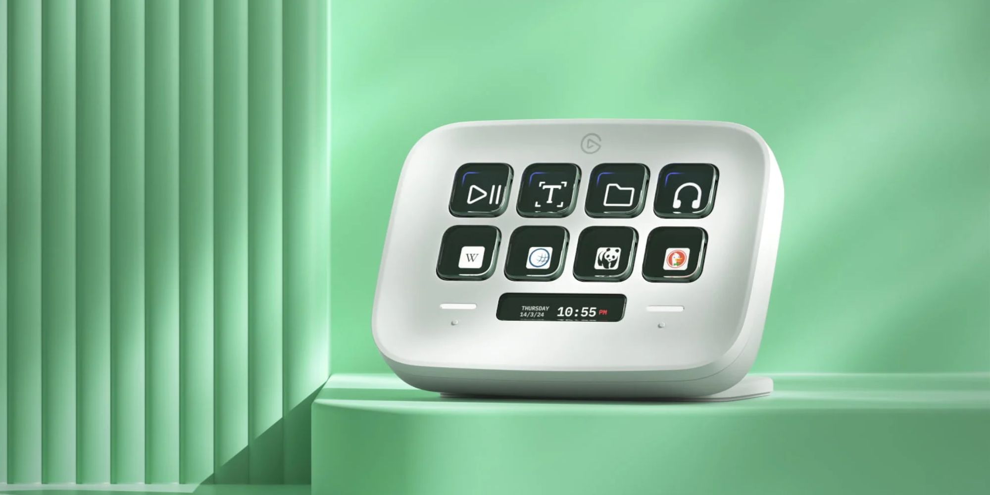 Image showing Stream Deck Neo over a green-colored background.
