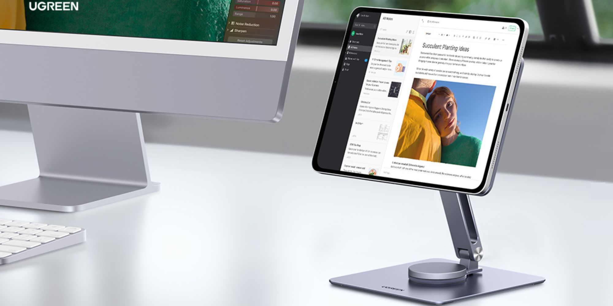 Image showing an iPad mounted on UGREEN's iPad magnetic stand.