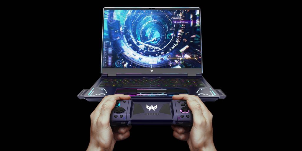 Image showing a person holding a gamepad in front of Acer Project Dual Play laptop.