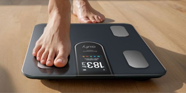 Image showing a person stepping on eufy's Smart Scale C20.