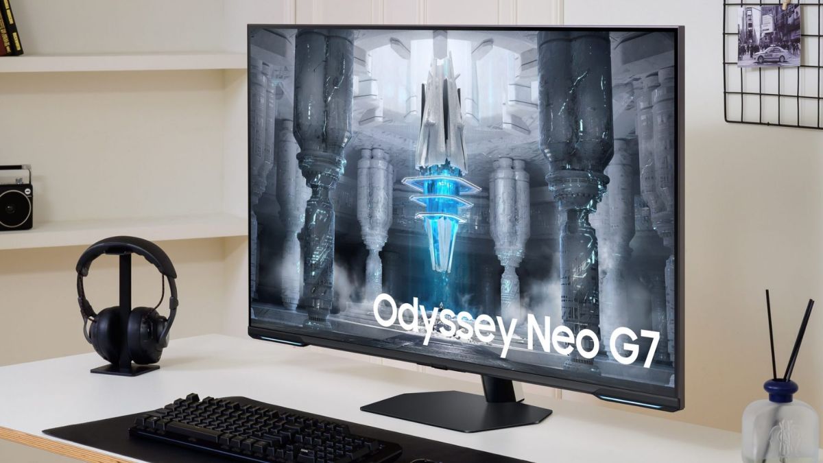 Image showing Samsung's Odyssey Neo G7 4K UHD monitor on a desk.