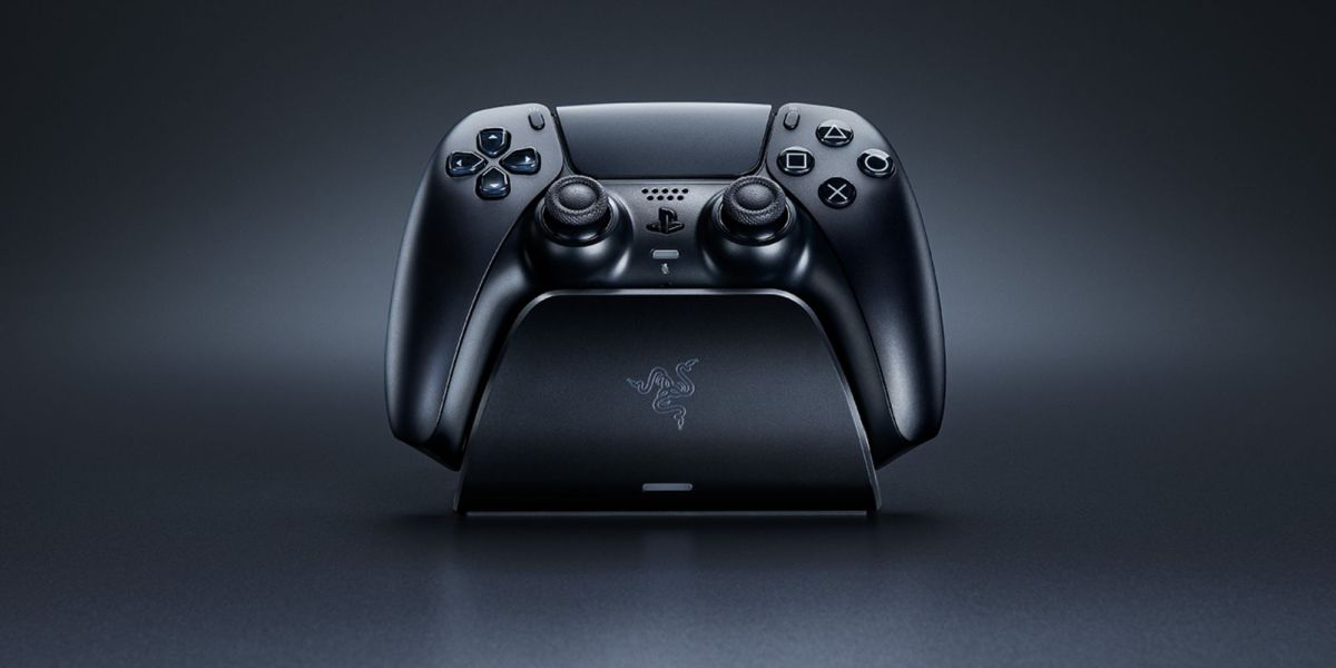 Image showing a render of Razer's DualSense controller charging cradle powering a controller.