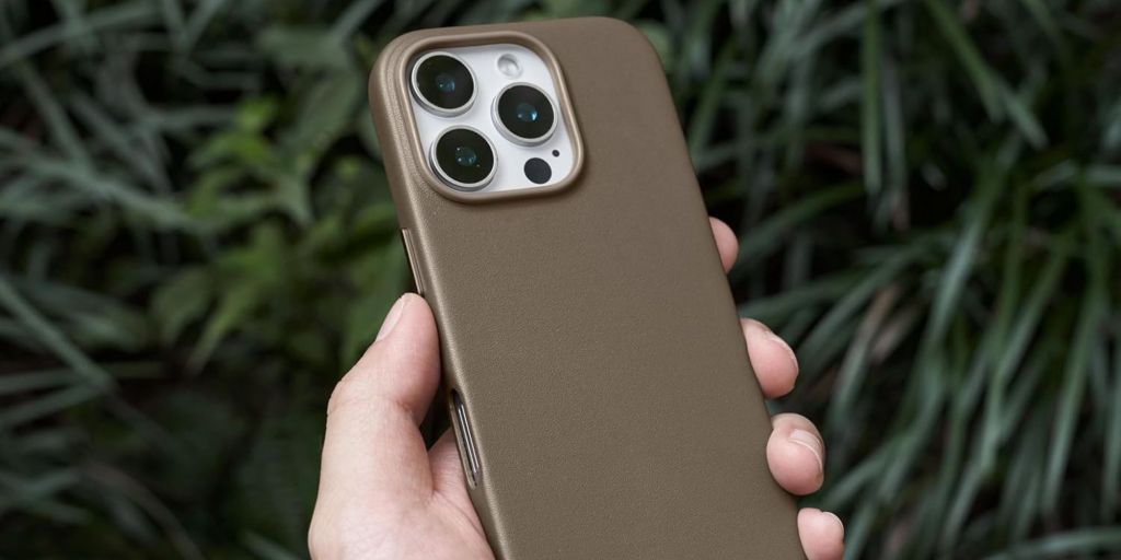 Image showing a person holding iPhone 16 leather case.