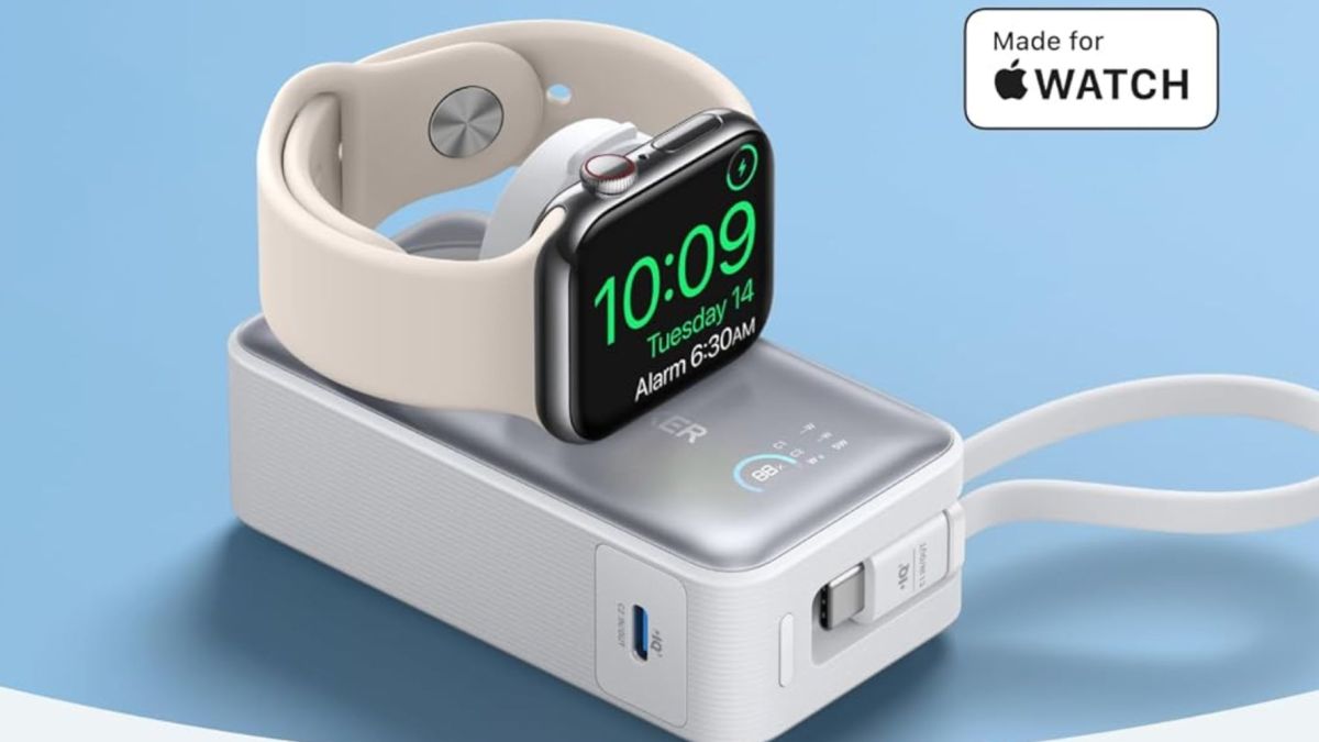 Image showing a render of Anker MagGo power bank with Apple Watch charger.