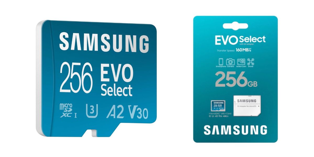 Image showing a render of Samsung's 256GB EVO Select microSD card.