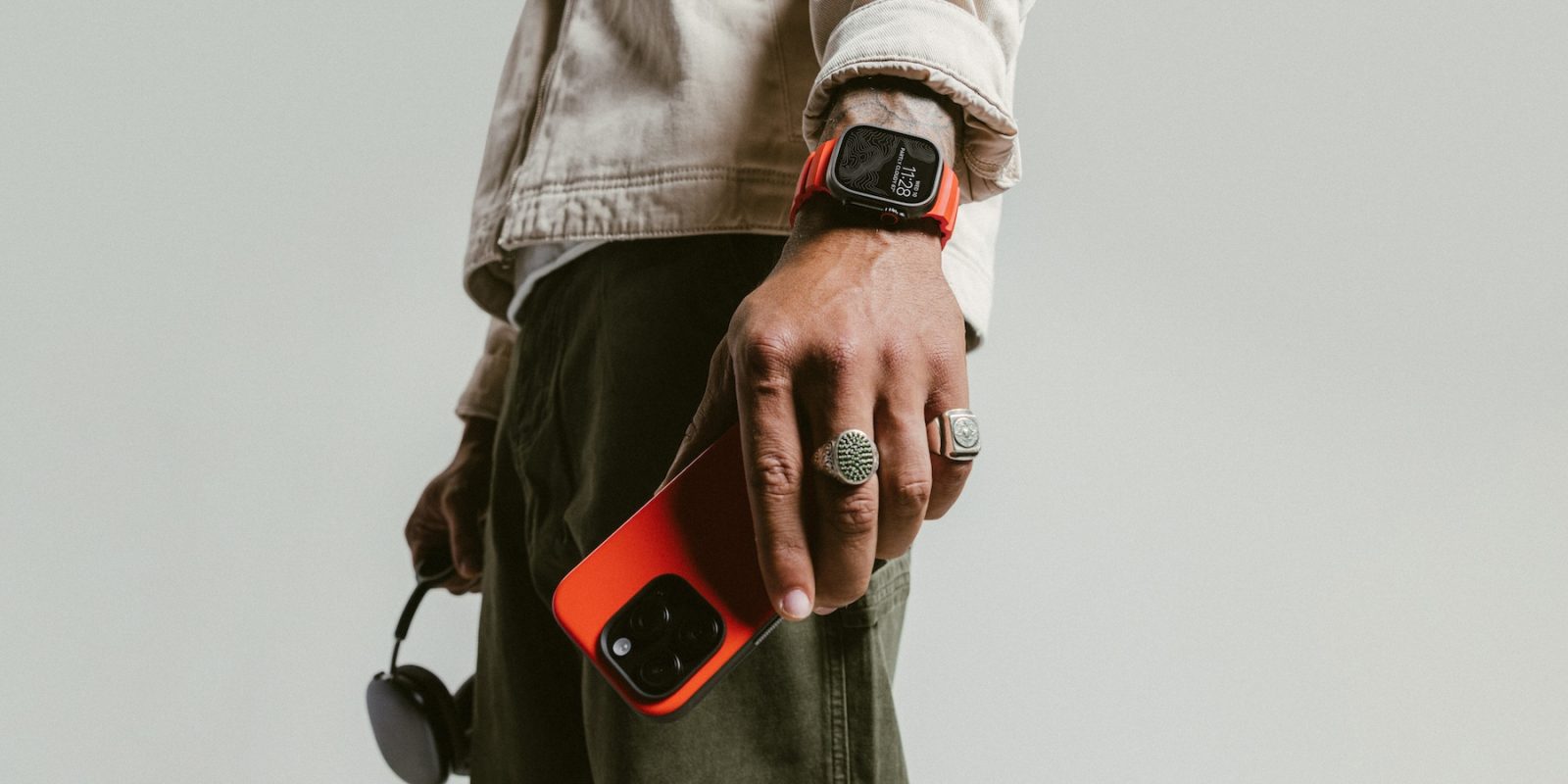 Nomad vibrant orange Magma iPhone case and Apple Watch Band