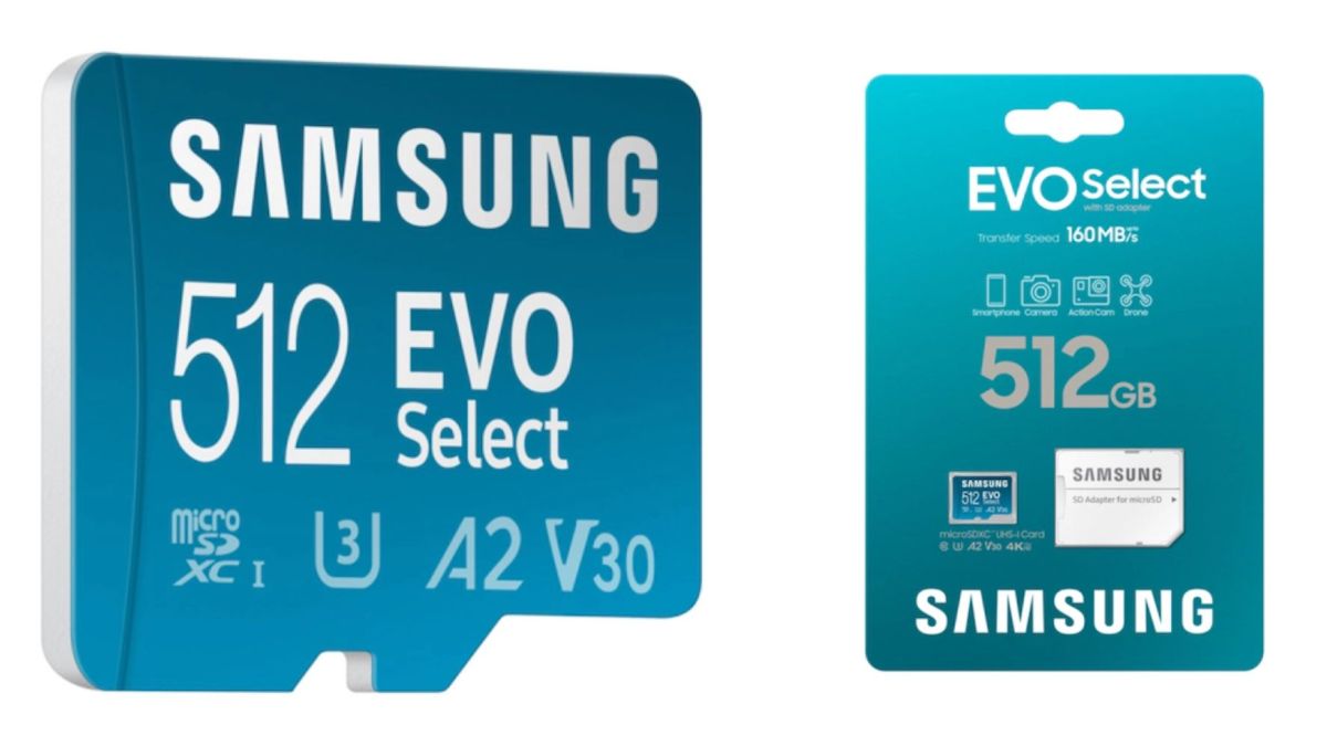 Image showing renders of Samsung's 512GB EVO Select microSD + adapter.