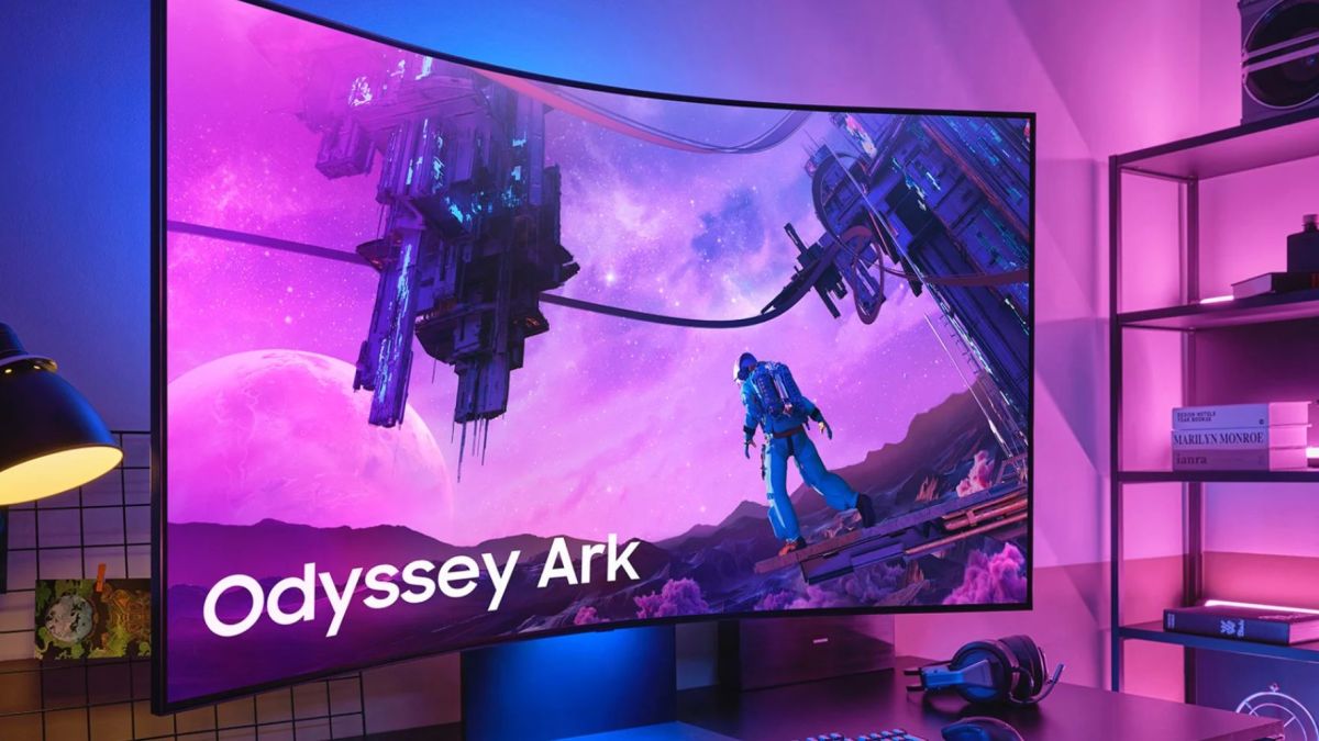 Image showing Samsung's Odyssey Ark 2nd gen. gaming monitor on a desk.