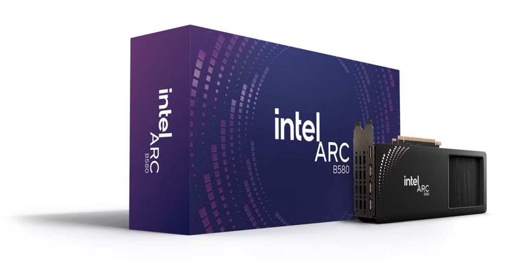 Image showing Intel's Arc B580 GPU next to its retail box.