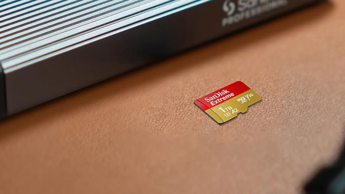 Image showing SanDisk's 1TB Extreme microSD card on a desk.