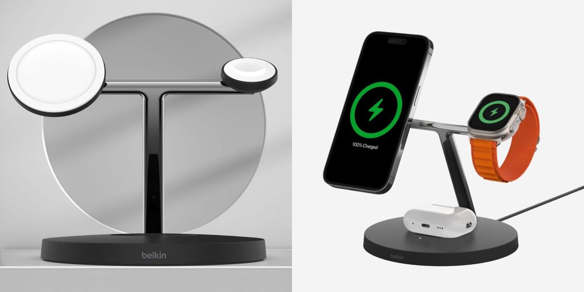 Image showing renders of Belkin's 3-in-1 BoostCharge Pro charger.