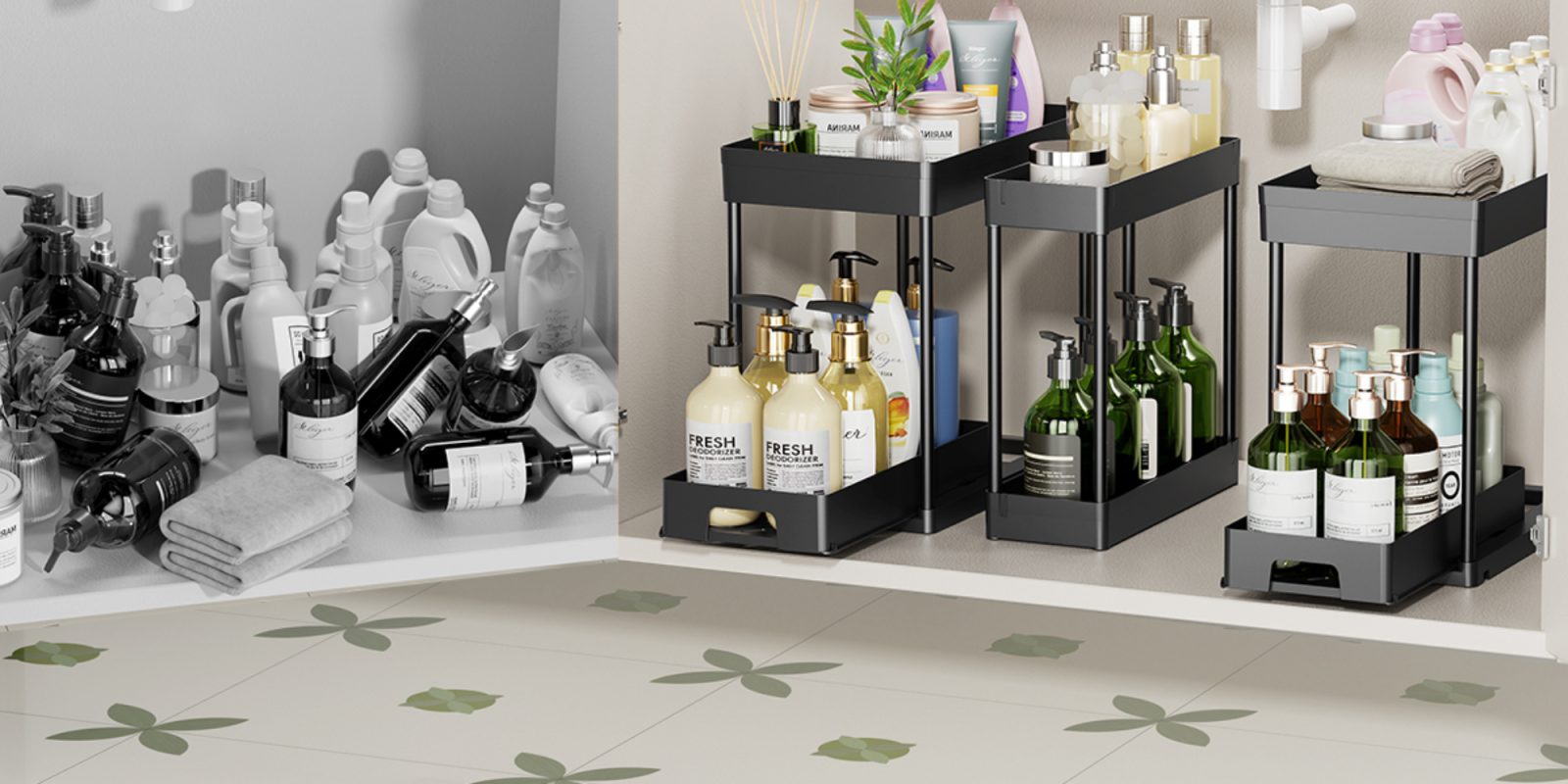 A shelf with bottles of liquid and soap