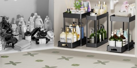 A shelf with bottles of liquid and soap