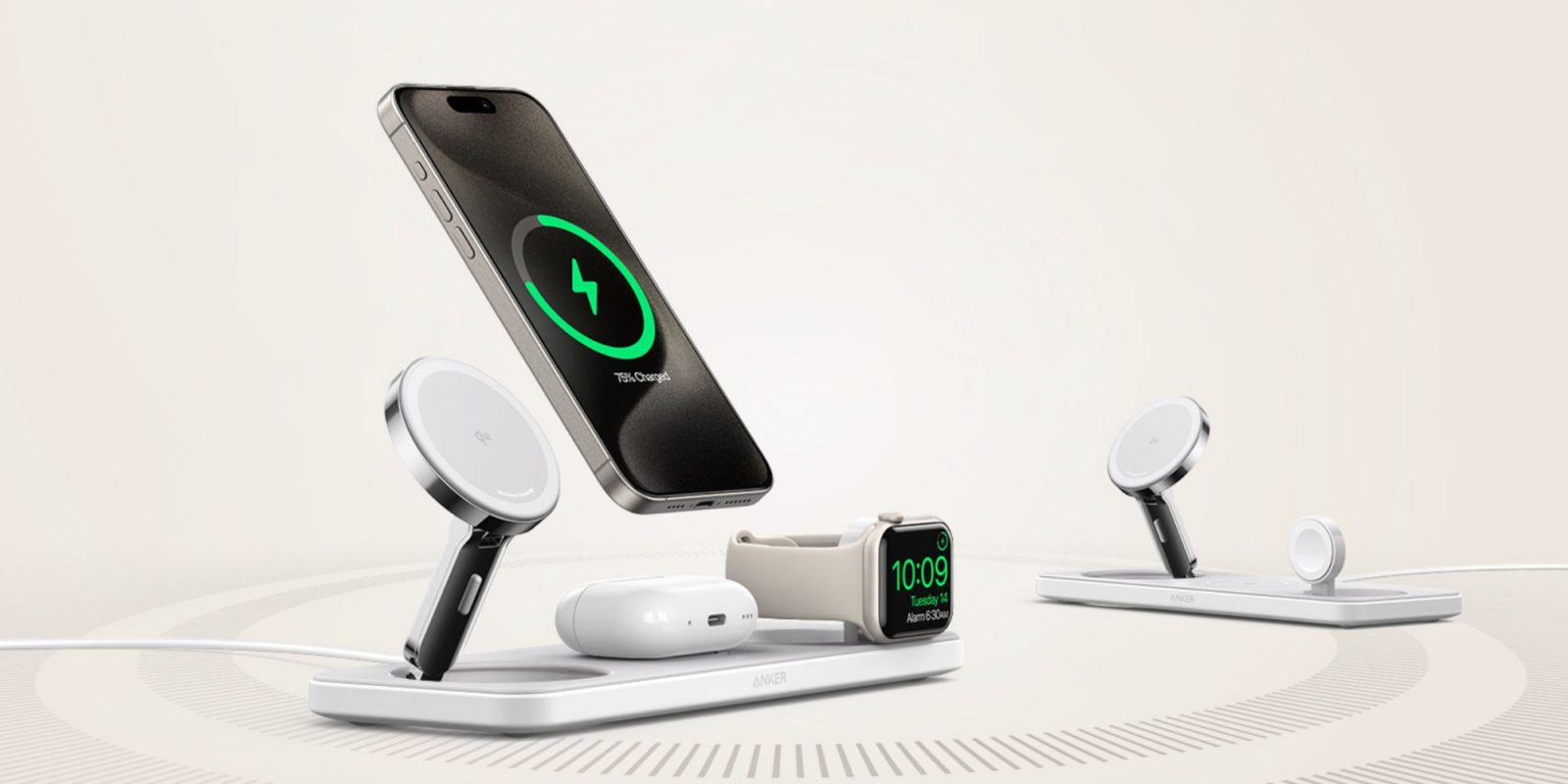 Image showing a render of Anker's Qi2 15W 3-in-1 charging stand.