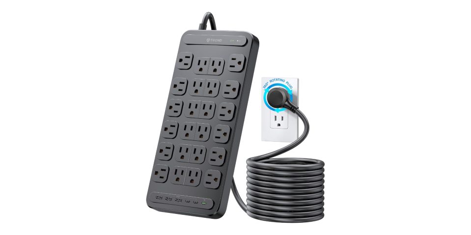 A black extension cord with a white outlet