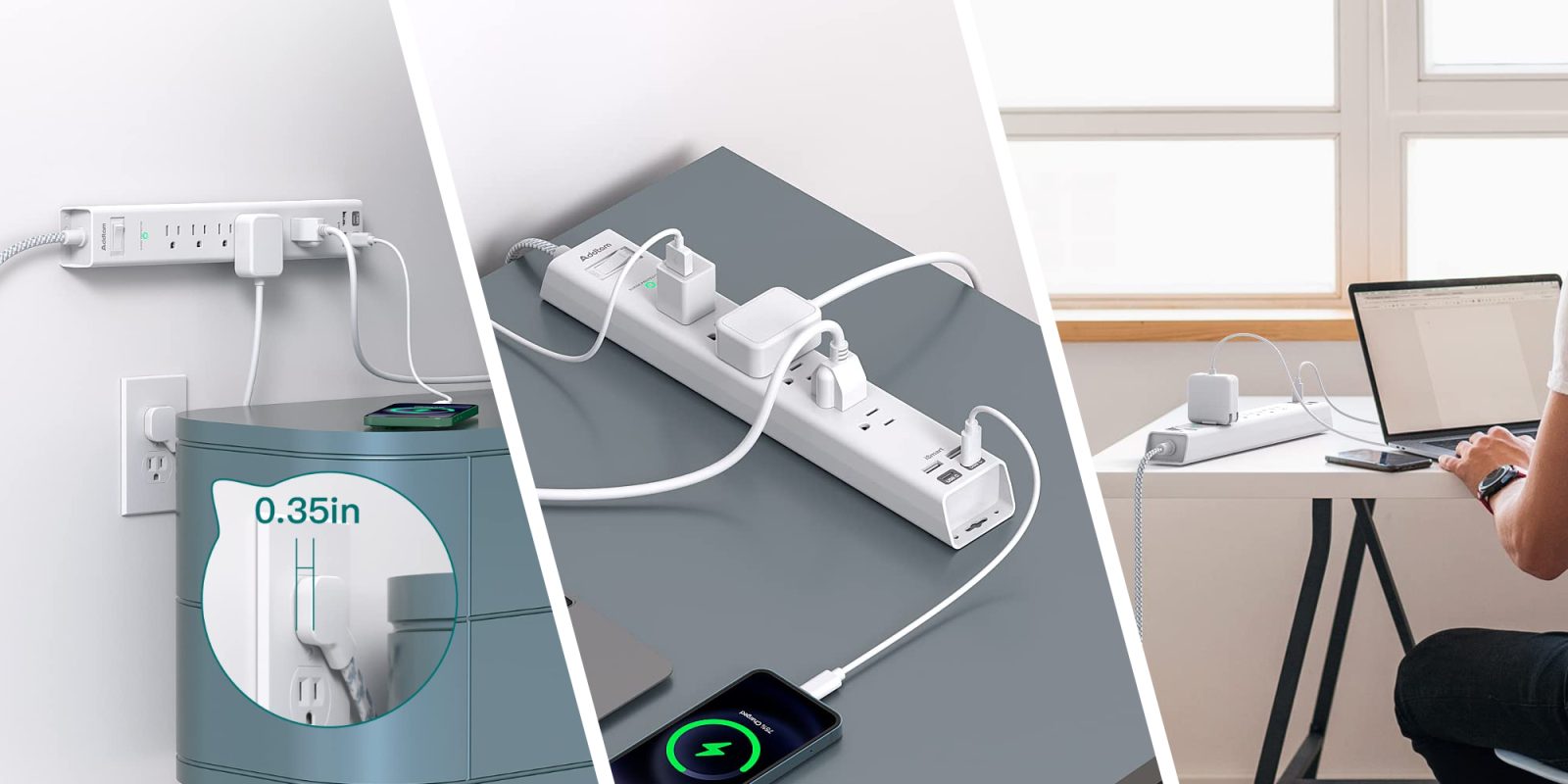 A collage of a power strip with a phone and a laptop