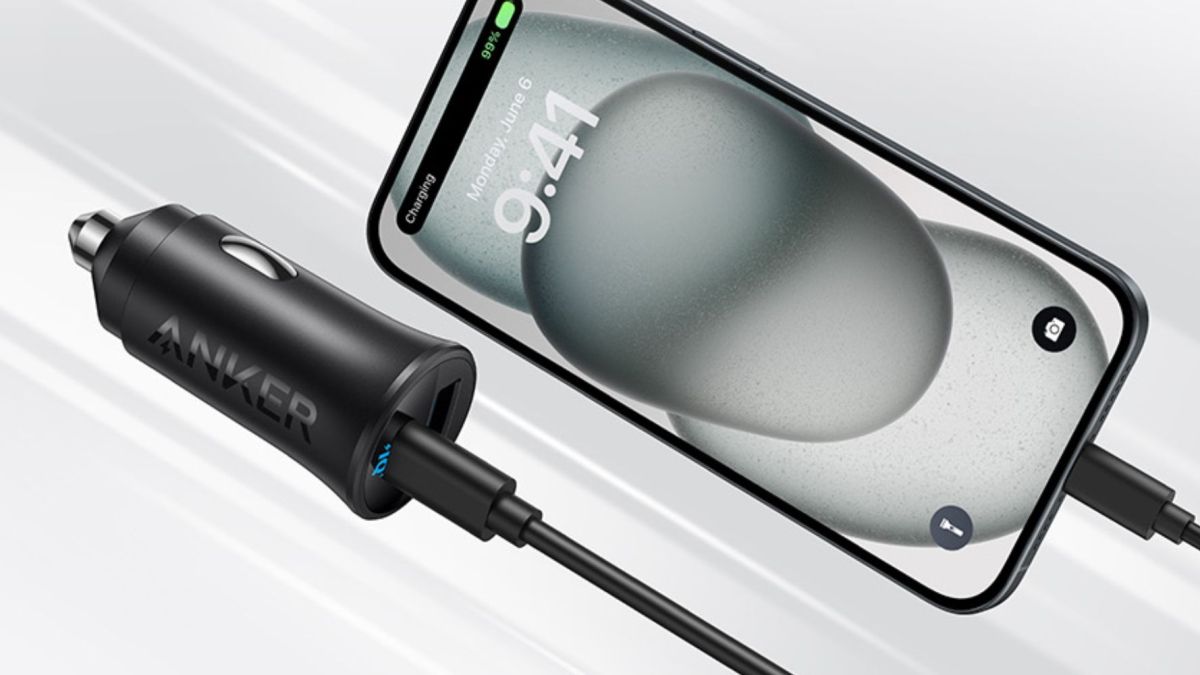 Image showing a render of Anker's 30W USB-C car charger connected to an iPhone.