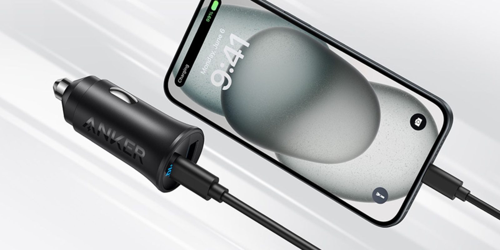 Image showing a render of Anker's 30W USB-C car charger connected to an iPhone.