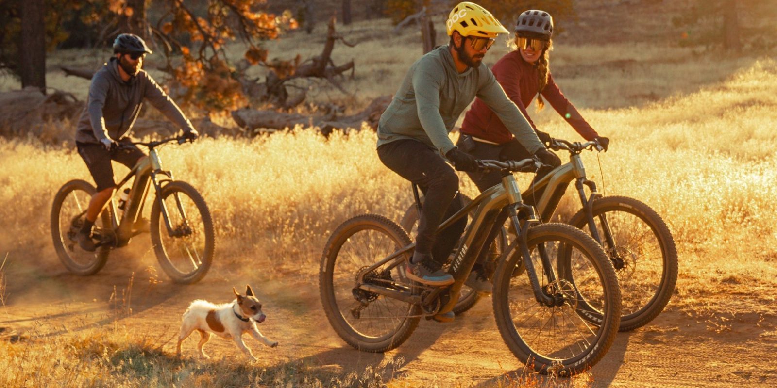 A group of people riding bikes on a dirt road with a dog running