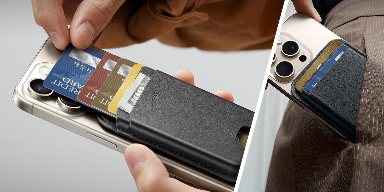 A person holding a phone and a credit card in their wallet