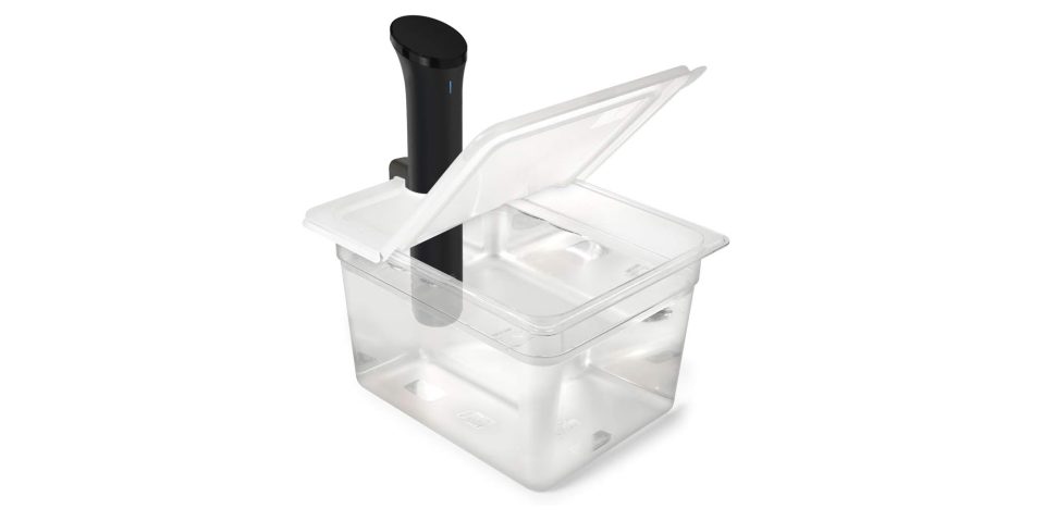A plastic container with a black handle