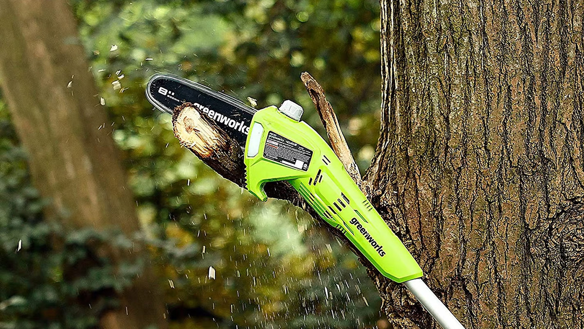 A green chainsaw cutting a tree
