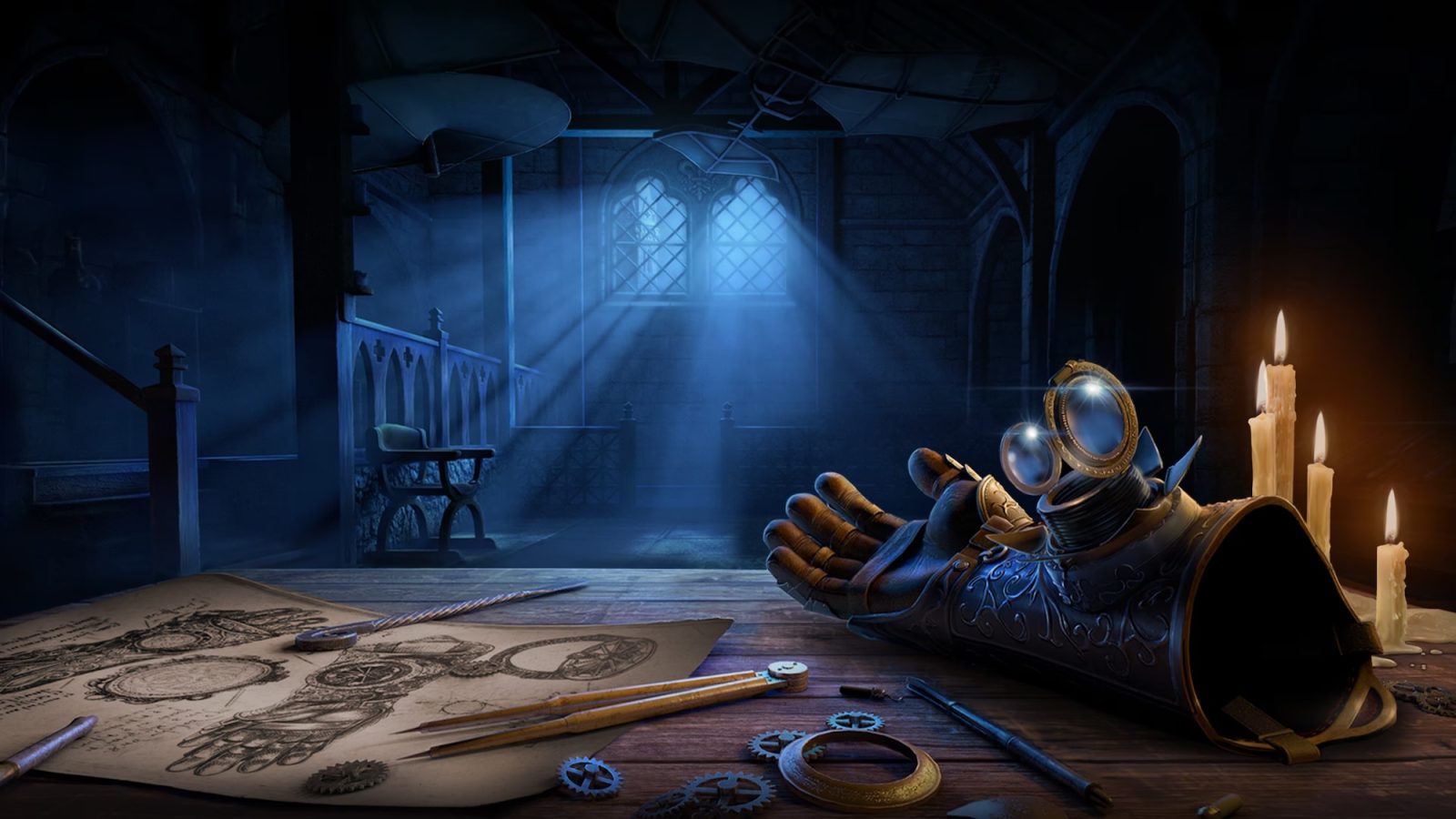 A glove on a table with tools