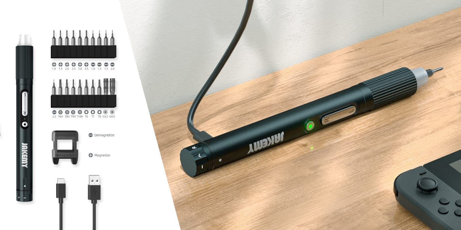 A black device with a green light