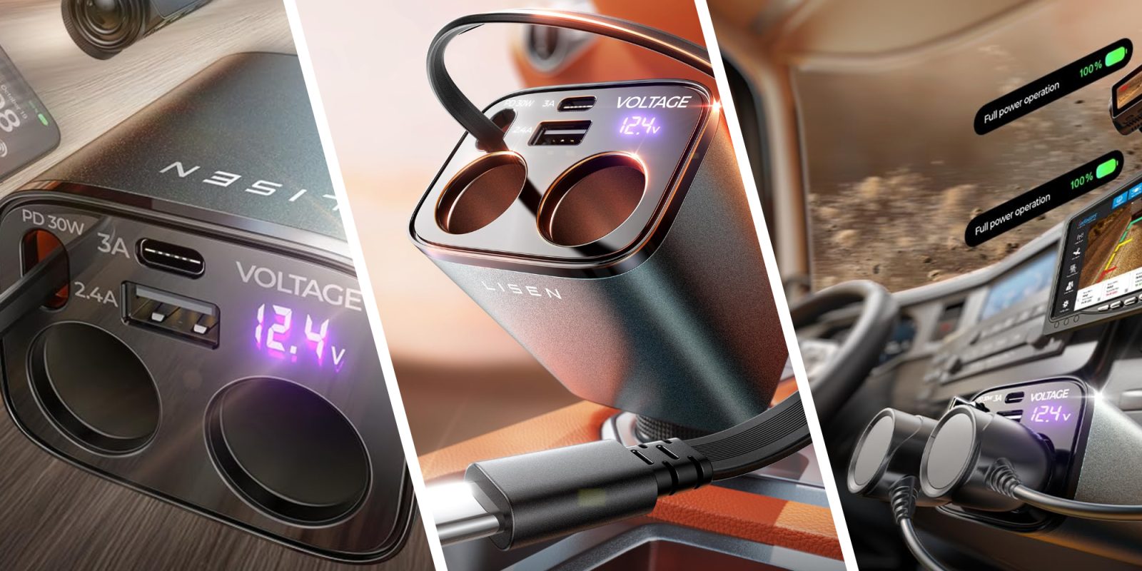 A collage of a car charger