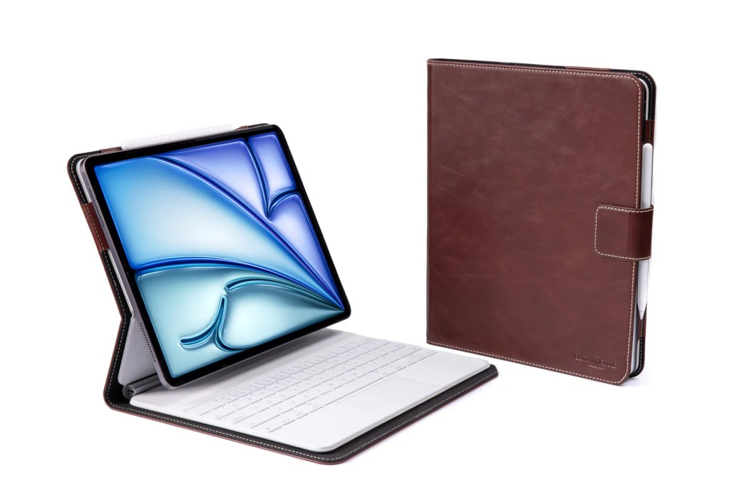 A tablet with a leather case