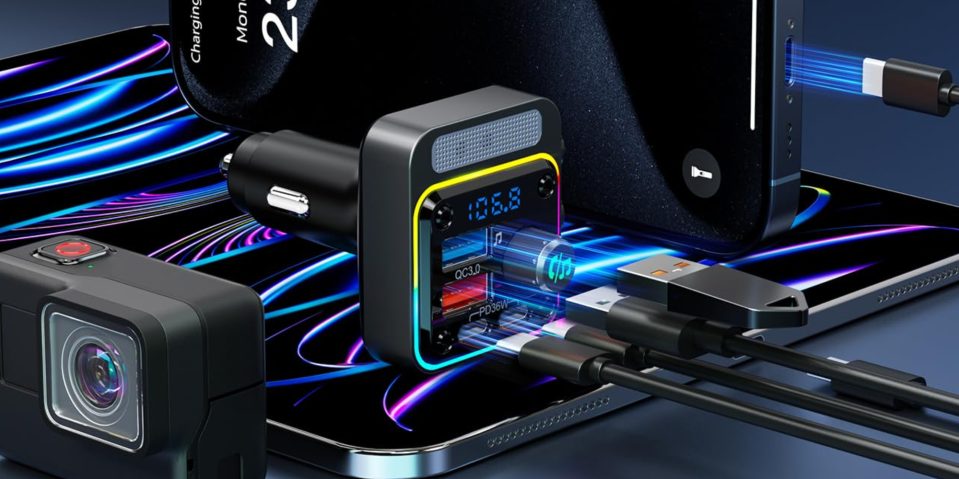 A black device with a multi-port plugged into it