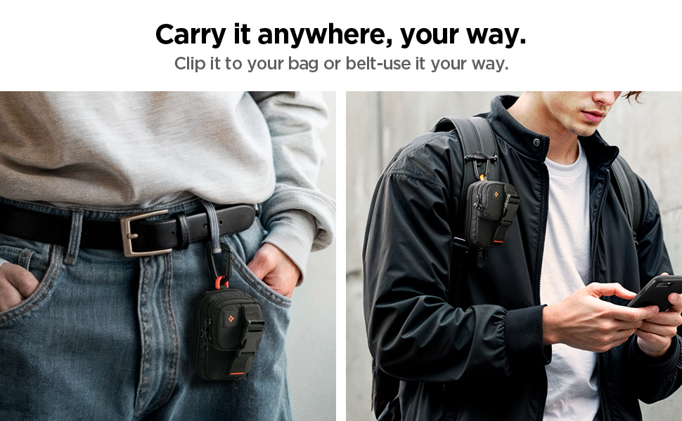 A man wearing a belt with a phone in his pocket