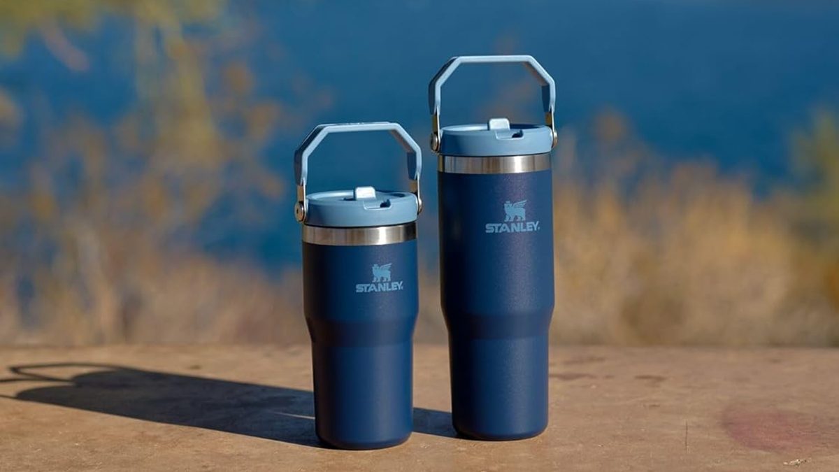 Two blue and silver water bottles