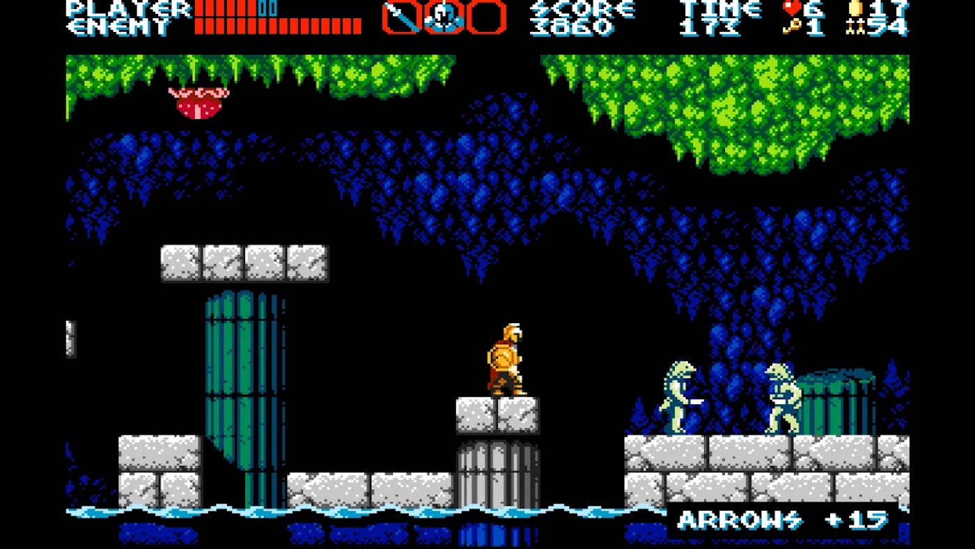 A video game with a pixelated character