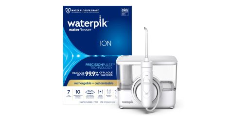 A white device with a blue box and a blue and white box