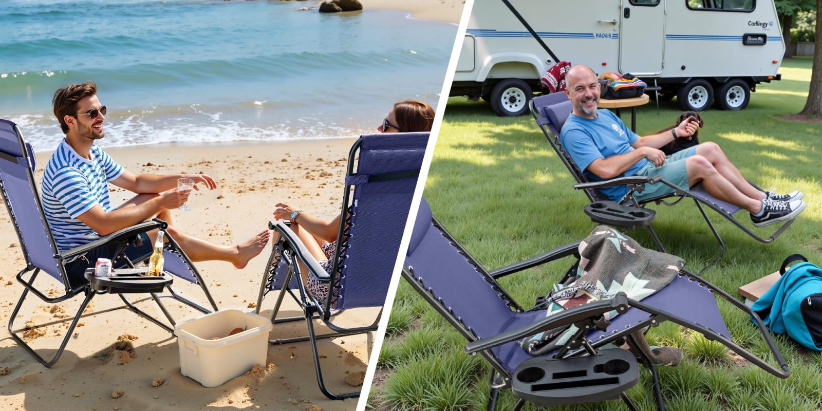 A collage of people sitting in chairs at a beach