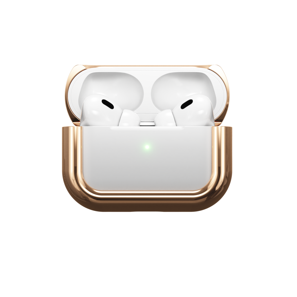 A white and gold wireless earbuds in a case