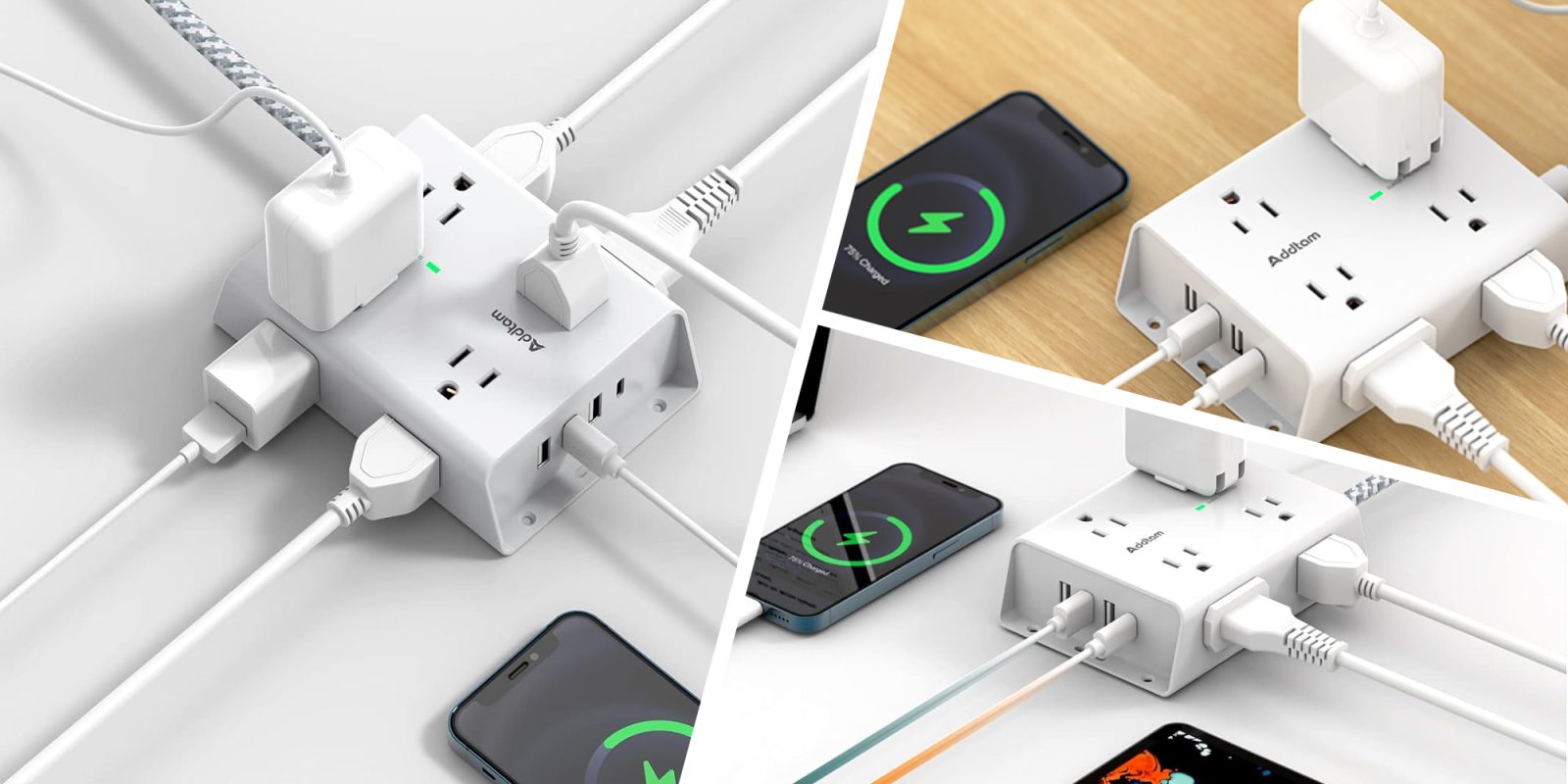 A white power strip with a cell phone plugged into it